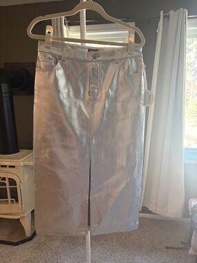 STAUD Metallic Silver Pencil Midi Skirt with Front Slit